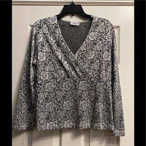 Vintage NINETY Lace Petite Silver Floral Blouse Top Sz L/P
